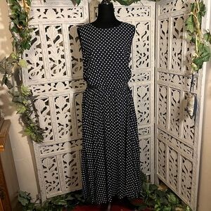 VINTAGE BEDFORD FAIR FABULOUS NAVY BLUE & WHITE POLKA DOT SLEEVELESS MAXI DRESS